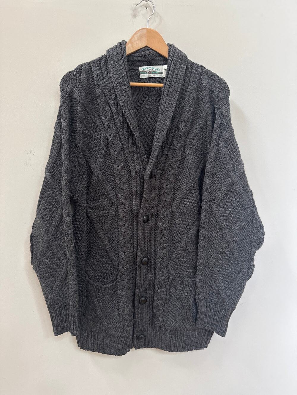 Aran Crafts Ireland Sweater Cardigan 100% Merino Wool Cableknit Fisherman Large